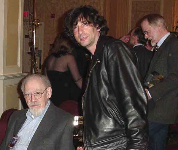William Tenn, Neil Gaiman (with Nebula), and, in the background, Richard Chwedyk (with Nebula)