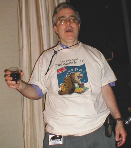 After the Hugos - the First-Ever Aussiecon in 2010 Bid Party - Jim Mann Models the Official T-shirt
